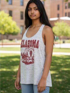Oklahoma Graphic Racerback Tank Top - White with Crimson Print